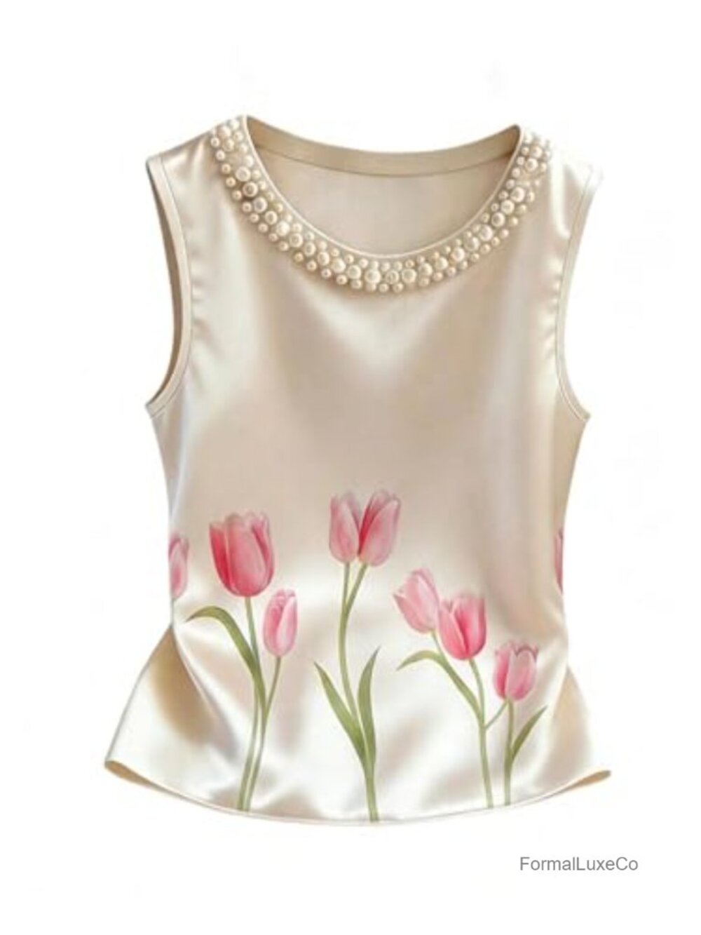 Satin Floral Pearl Beaded Sleeveless Tank Top Business Casual Work Blouse